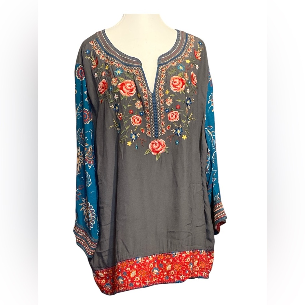 John Mark Gray and Blue Embellished Tunic Blouse